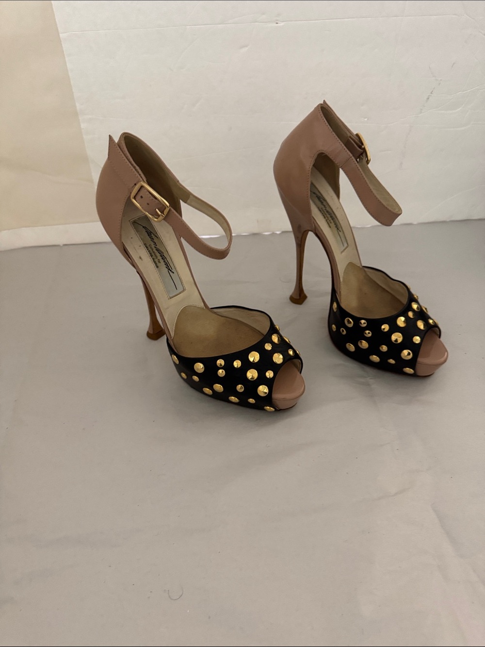 Brian Atwood Black & Nude Studded Peep-Toe Ankle Strap Heels
